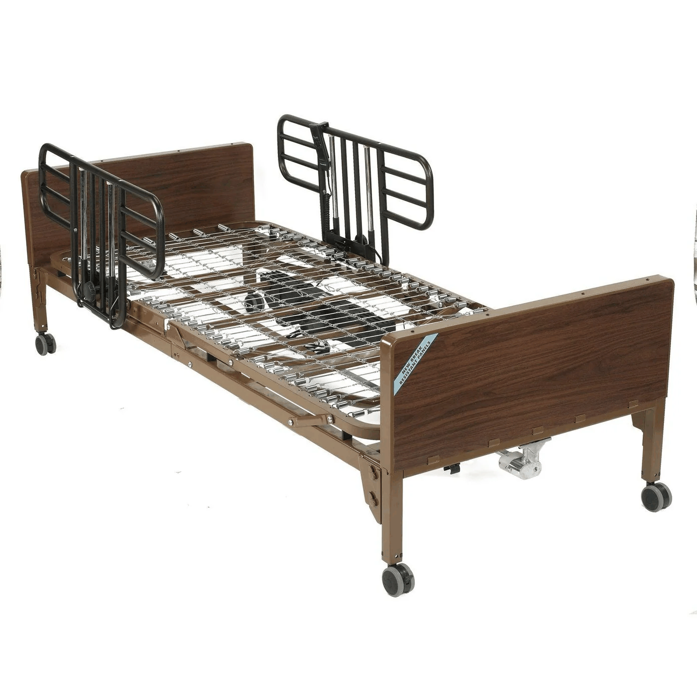 Durable Full-electric bed for rent with side rails and mattress.
