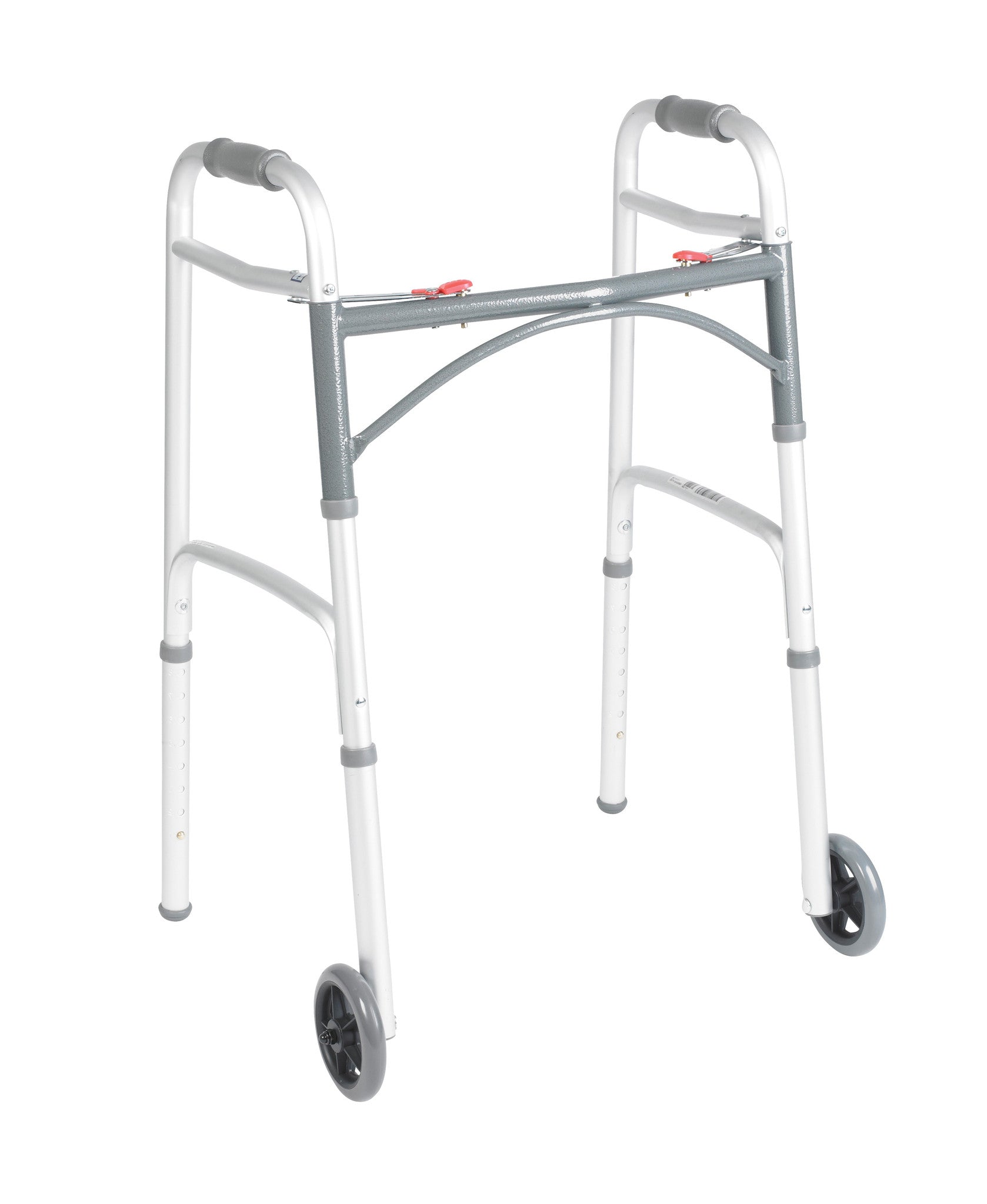 DELUXE FOLDING WALKER, TWO BUTTON WITH 5" WHEELS